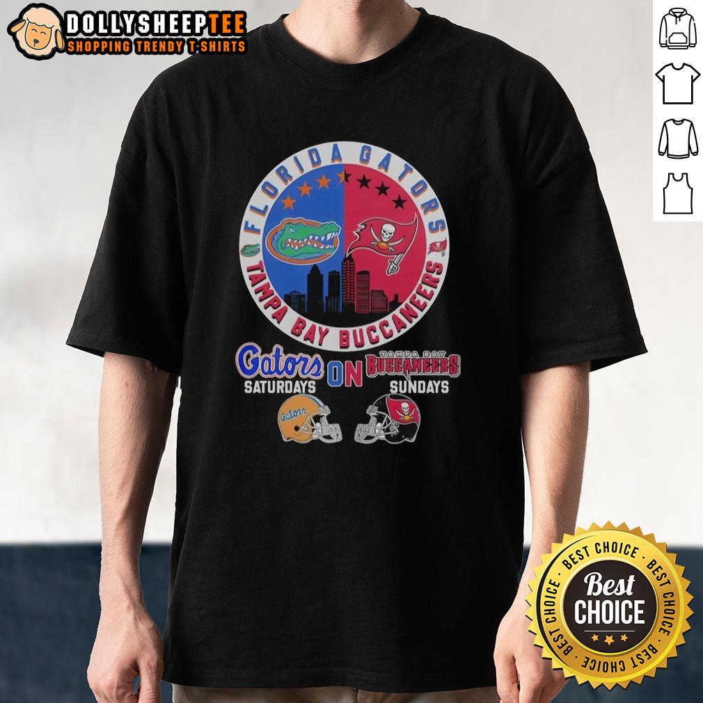 Official Florida Gators On Saturdays And Tampa Bay Buccaneers On Sundays Helmet Logo Mashup T-Shirt Florida Gators and Tampa Bay Buccaneers helmet logo mashup t-shirt design for fans on game days.