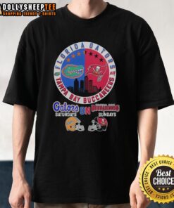 Florida Gators and Tampa Bay Buccaneers helmet logo mashup t-shirt design for fans on game days.