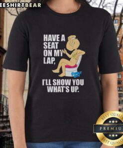 Official Glenn Quagmire 'Have A Seat On My Lap' Ladies Tee featuring a humorous graphic design and vibrant colors.