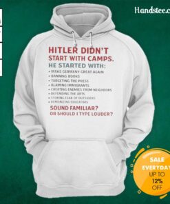 Official Hitler Didn't Start With Camps Hoodie featuring a provocative slogan on a stylish black sweatshirt.