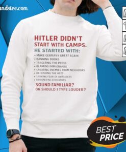 Official sweatshirt featuring 'Hitler didn't start with camps' text, highlighting historical awareness and social commentary.