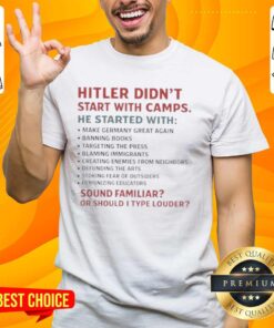 Alt Text: Official Hitler Didn't Start With Camps T-Shirt featuring bold text design, a provocative statement on history.
