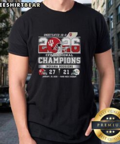 Alt Text: Official Hoosiers Indiana CFP National Champions 2026 Undefeated Final Score Helmet T-Shirt design featuring team colors.