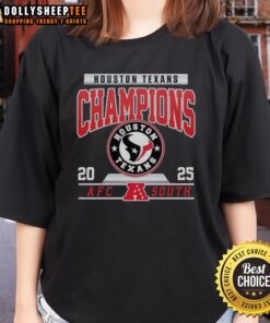 Alt Text: Official Houston Texans Football 2025 AFC South Champions logo on a stylish ladies tee shirt.