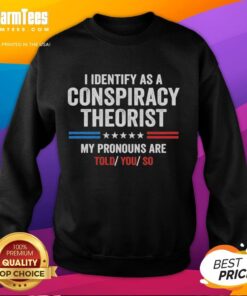 Official 'I Identify As A Conspiracy Theorist' sweatshirt featuring bold text, perfect for expressing unique beliefs.