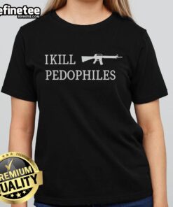 Official I Kill Pedophiles Ladies Tee featuring bold text design on a stylish women's shirt.
