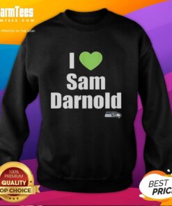 Alt Text: Official I Love Sam Darnold Seattle Seahawks logo sweatshirt in navy blue, perfect for fans and game day wear.