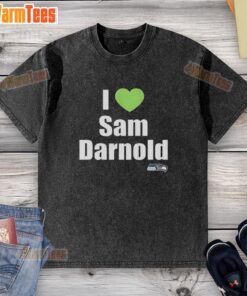 Official I Love Sam Darnold Seattle Seahawks Logo Washed T-Shirt in navy blue, perfect for Seahawks fans.