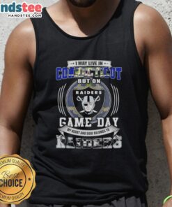 Tank top featuring 'I May Live In Connecticut But On Game Day My Heart Belongs To Las Vegas Raiders' design.