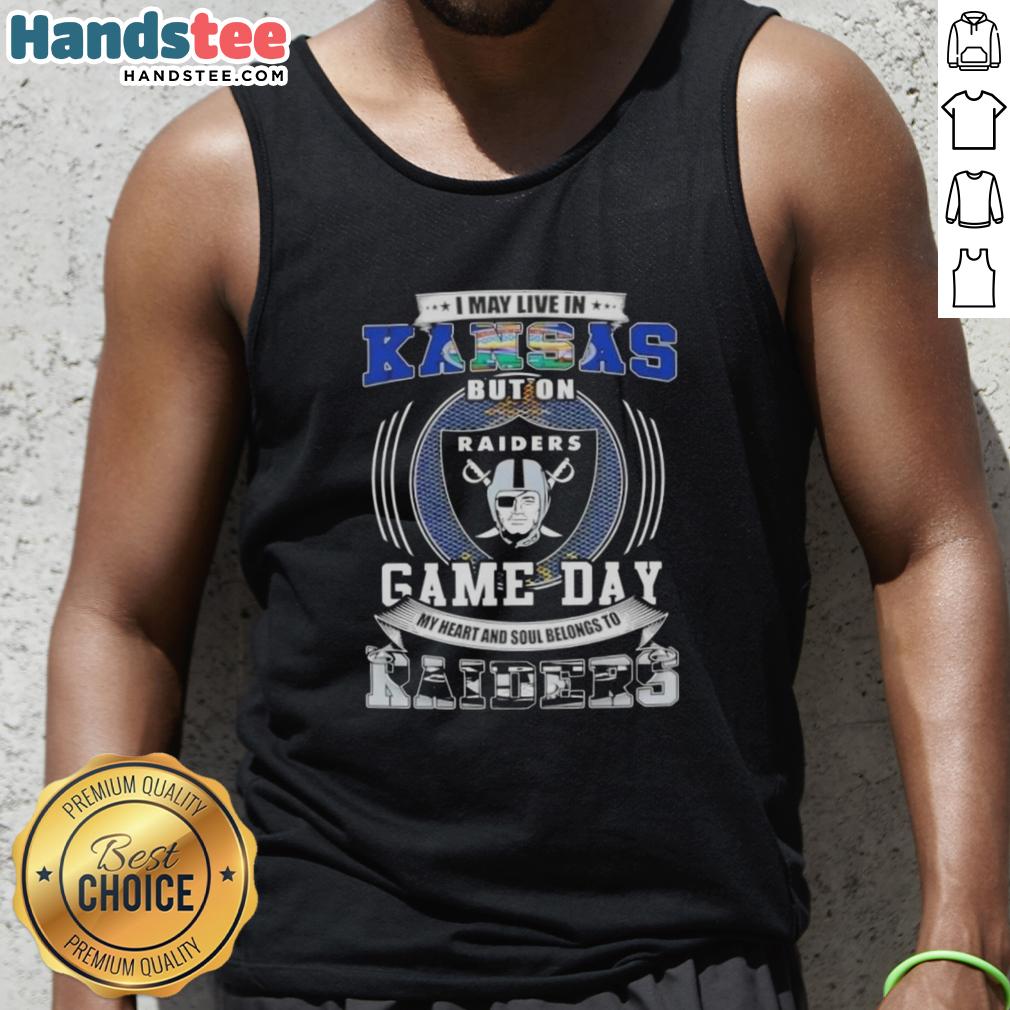official-i-may-live-in-kansas-but-on-game-day-my-heart-and-soul-belongs-to-las-vegas-raiders-football-tank-top Alt Text: Kansas fan wearing a Raiders football tank top showing support for Las Vegas Raiders on game day.