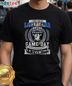 Alt Text: I May Live In Louisiana But On Game Day My Heart And Soul Belongs To Las Vegas Raiders Football T-Shirt design.
