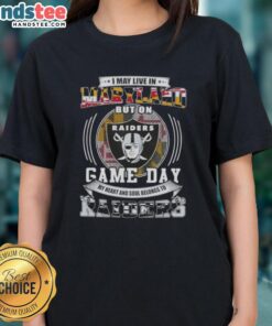 Maryland fan wearing a ladies tee showing love for Las Vegas Raiders football on game day, showcasing team spirit.
