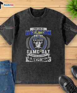 Official washed t-shirt: 'I may live in Oregon, but my heart belongs to Las Vegas Raiders football' - perfect for fans.