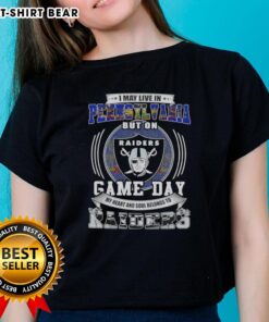 Official ladies tee: 'I May Live In Pennsylvania, But On Game Day My Heart Belongs To Las Vegas Raiders' design.