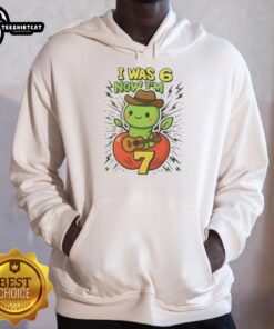 Child wearing 'I Was 6 Now I'm 7' meme hoodie celebrating 7th birthday with fun, colorful design.