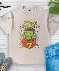 Alt Text: Funny 6-7 meme on a washed t-shirt celebrating a 7th birthday, featuring the phrase 'I was 6 now I'm 7 years old'.
