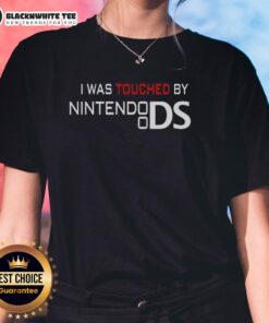 Official 'I Was Touched By A Nintendo DS' ladies tee featuring a playful graphic design and vibrant colors for gamers.