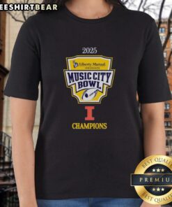 Alt Text: Official Illinois Fighting Illini 2025 Music City Bowl Champions logo on a stylish ladies tee shirt.