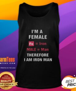 Official 'I'm a Female, Fe-Equal, Iron Male, Equal Man, Therefore I Am Iron Man' tank top featuring a bold graphic design.