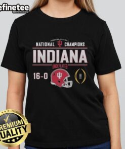 Official Indiana Football National Champions Undefeated 16-0 ladies tee featuring team colors and logo.
