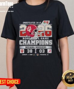 Official Indiana Hoosiers 2026 Rose Bowl Game Champions score ladies tee featuring vibrant team colors and logo.