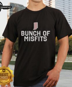 Official Indiana Hoosiers Football Bunch of Misfits Logo T-Shirt featuring a bold team logo on a vibrant red background.
