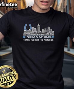 Alt Text: Official Indianapolis Colts Thank You For The Memories T-Shirt featuring a city skyline design in team colors.