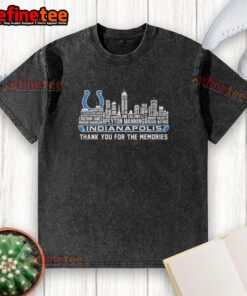 Alt Text: Official Indianapolis Colts Thank You For The Memories City Skyline Washed T-Shirt design featuring iconic skyline.