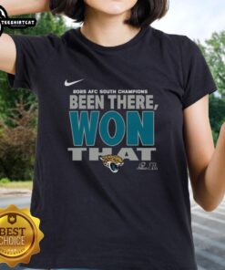 Alt Text: Official Jacksonville Jaguars 2025 AFC South Champions ladies' tee showcasing team pride and championship spirit.