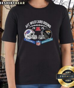 Alt Text: Official Jacksonville Jaguars vs Buffalo Bills AFC Wild Card Game helmet matchup on ladies tee shirt.
