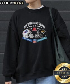 Alt Text: Official Jacksonville Jaguars vs Buffalo Bills AFC Wild Card Game sweatshirt featuring helmet matchup design.