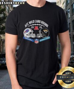 Alt Text: Official Jacksonville Jaguars vs Buffalo Bills AFC Wild Card Game helmet matchup T-shirt featuring team logos.