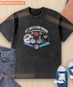 Official Jacksonville Jaguars vs Buffalo Bills AFC Wild Card Game helmet matchup on a washed t-shirt design.