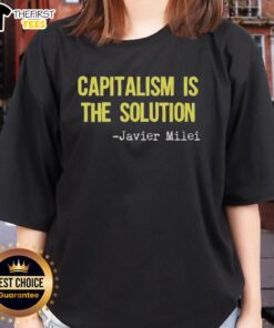 Official Javier Milei Capitalism is the Solution ladies tee featuring a bold graphic design promoting capitalism.