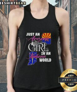 Alt Text: A woman wearing a tank top that reads Just an Arizona girl in an Indiana world, showcasing a casual summer style.