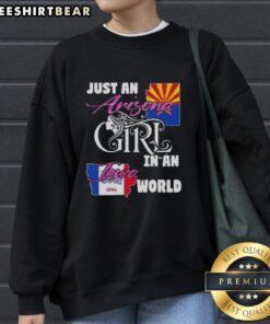 Official 'Just An Arizona Girl In A Iowa World' sweatshirt featuring a stylish design, perfect for casual wear.