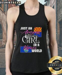 Official Just An Arizona Girl In A Kansas World tank top displayed on a model, showcasing vibrant design and style.