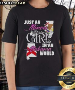 Illinois girl in an Alabama world ladies tee, showcasing stylish design and comfortable fit for casual wear.