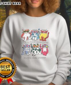 Alt Text: Justin wearing cheap sunglasses, showcasing Hilton Head Island cats on a graphic sweatshirt. Perfect for casual style.