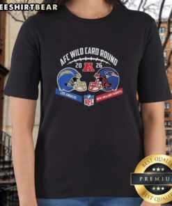 Official Los Angeles Chargers vs New England Patriots 2026 AFC Wild Card Round ladies tee featuring team logos.