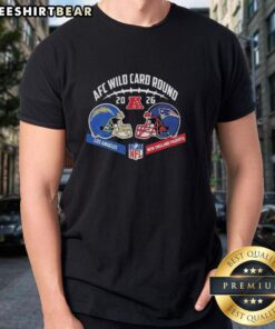 Official Los Angeles Chargers vs New England Patriots 2026 AFC Wild Card Round helmet T-shirt design featuring team logos.