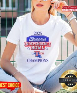 Alt Text: Official Louisiana Tech Bulldogs 2025 Independence Bowl Champions logo on ladies tee, showcasing team spirit and style.