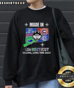 Alt Text: Official Made in Connecticut sweatshirt featuring a retro mashup logo with state teams, perfect for fans and collectors.