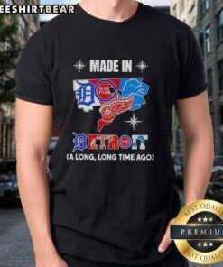 Alt Text: Official Made In Detroit A Long Long Time Ago State Mashup Logo Teams T-Shirt featuring unique graphic design.