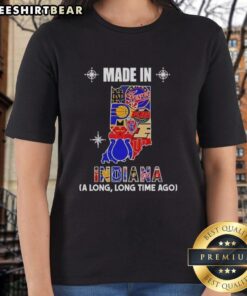 Official Made in Indiana A Long Long Time Ago State Mashup Logo on Ladies Tee - Stylish Indiana-themed apparel.