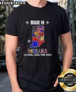 Alt Text: Official Made In Indiana A Long Long Time Ago State Mashup Logo Teams T-Shirt design featuring vibrant colors and graphic.