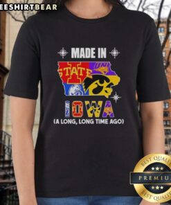 Official Made in Iowa Long Long Time Ago State Mashup Logo on a Ladies Tee, showcasing Iowa pride and vintage style.