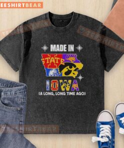 Official Made In Iowa Long Long Time Ago State Mashup Logo on a washed t-shirt for fans of Iowa pride and style.