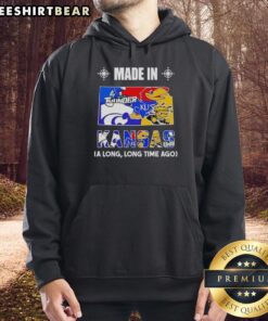 Alt Text: Official Made in Kansas hoodie featuring a vintage mashup logo of state teams, perfect for fans and collectors.