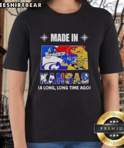 Alt Text: Ladies tee featuring the Official Made In Kansas A Long Long Time Ago state mashup logo for local teams.